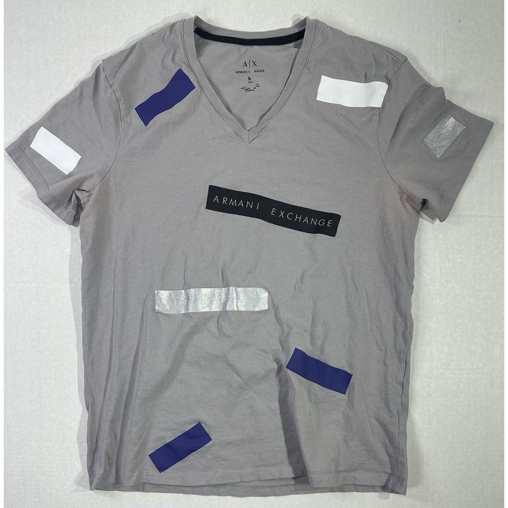 Armani Exchange Gray V-Neck T-Shirt Abstract Patch Design Slim Fit Men's